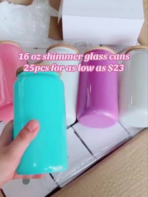 A post by @jchcreationswholesale on TikTok caption: Shimmer glass cans are sooo pretty! We have 25pcs per case! #customcupsandtumblers #vasospersonalizados #sublimationtumblers #tumblersoftiktok #tumbler #SmallBusiness #fyp #snowglobetumbler #libbyglass #libbyglasscan #16ozglasscup 