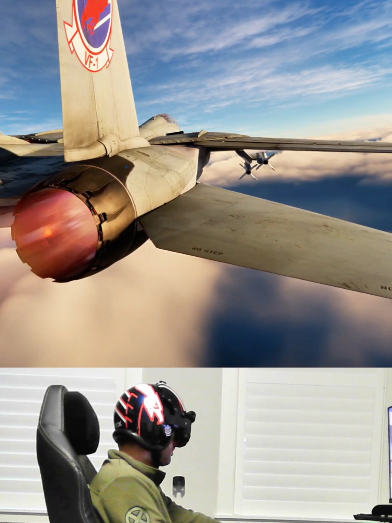 A post by @nomad.props on TikTok caption: when the simulation gets a little too real 😅😭 #maverick #goose #topgun #f14tomcat #helmet #dcs #Simulator #rtx4090 #quest3 #pcvr 
