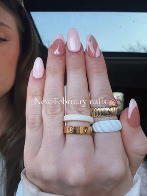 A post by @sadeerosee on TikTok caption: don’t mind my dirty coat 😆 #february #nails #foryoupage #babypink #frenchtip #jewelry #goldjewelry #rings #acrylicnails 