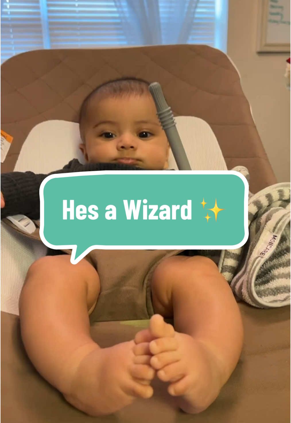 A post by @ on TikTok caption: The way he is with his tooth wands he is a wizard! ✨ #happypotter #wands #teething #babywizard 
