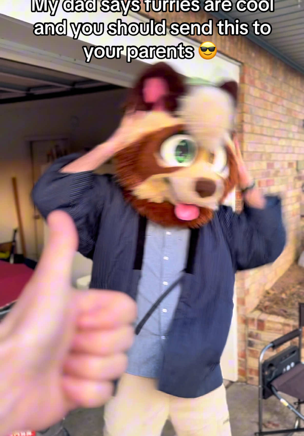 A post by @khajiitkat on TikTok caption: My dad says furries are cool 😎 he totally loves wearing fursuits 😉