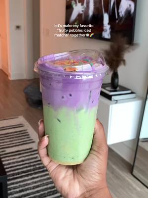 A post by @jaaliyahs on TikTok caption: Almost too pretty to drink😍 #matcha #ube #fruitypebbles #trending #fypシ #homebarista #aesthetic #icedmatcha #whitemocha #matchalatte 