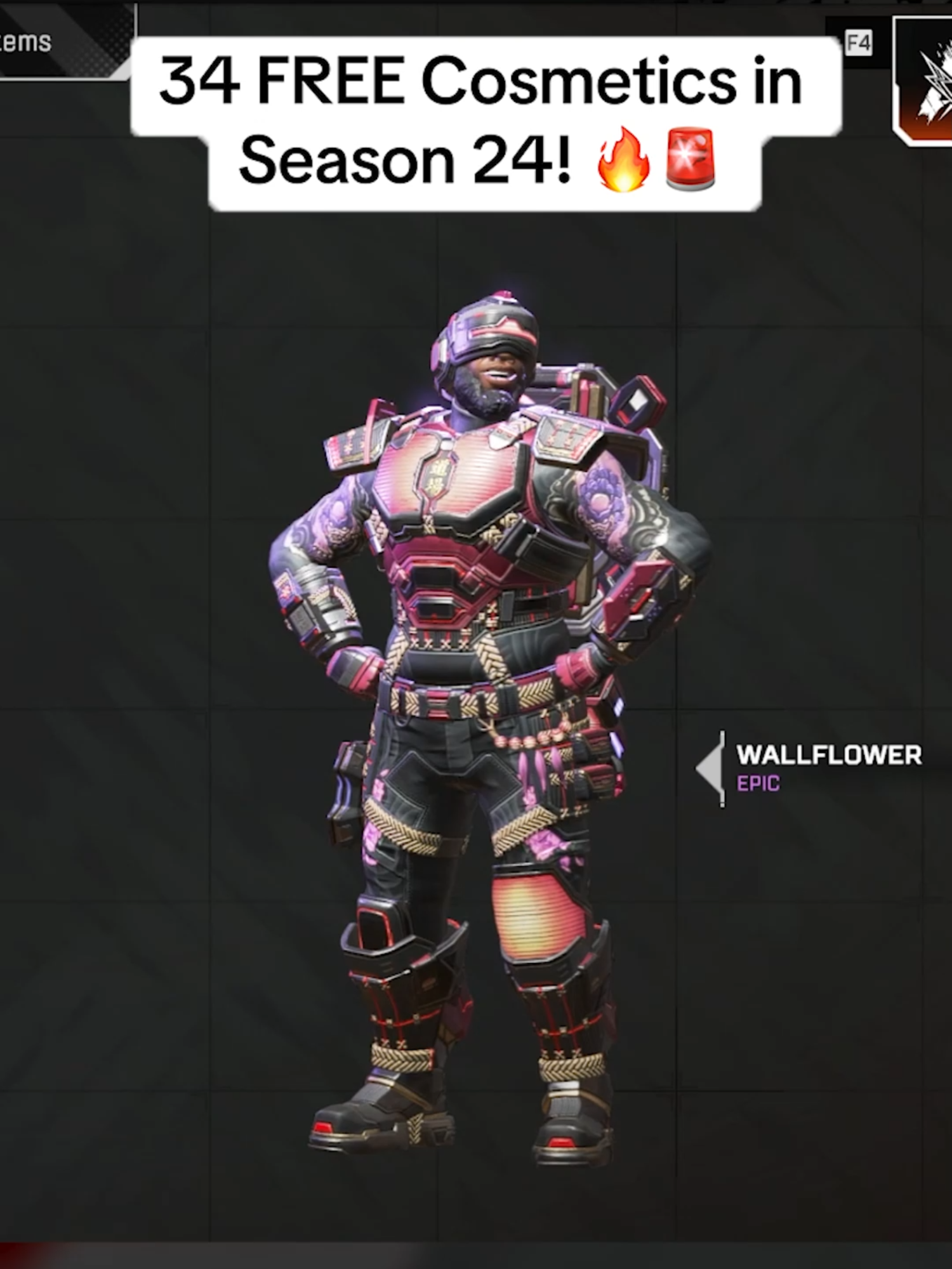 A post by @ketchupnewsapex on TikTok caption: 34 FREE NEW ITEMS IN APEX LEGENDS SEASON 24 RELEASED TODAY!