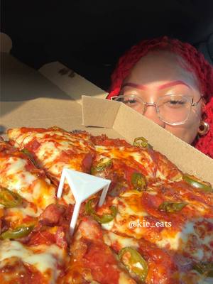 A post by @kie_eats on TikTok caption: @Domino’s Handmade Pan Pizza with pepperoni, bacon, jalapeños, mozzarella cheese and triple cheddar blend 🍕 #asmr #mukbang #pizza #dominos #dominospizza #pizzamukbang