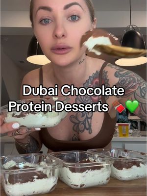 A post by @trainwithshay on TikTok caption: Meal Prep Dubai Chocolate Protein Desserts Recipe makes 4 servings 372 cals, 25P per serving 