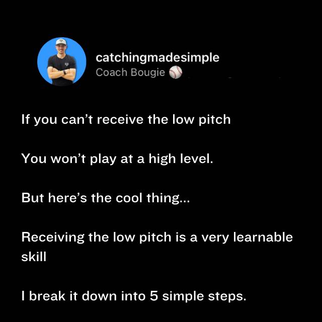 A post by @catchingmadesimple on TikTok caption: Wanting to catch at the next level? Here’s the cold truth: If you can’t receive the low pitch, you won’t last. The best MLB & college catchers? They OWN the low pitch.💪🏽 The good news? It’s a skill you can learn.🙌🏼 THIS Saturday, I’m hosting a LIVE CatchClinic through Zoom to teach you 5 simple steps to master receiving💯 Oh, and you’ll also get Receiving Made Simple to study before we go live👊🏽 Want in? 📩 Comment or DM me CLINIC🙌🏼 #CatchingMadeSimple #EliteCatchers #CatcherTraining #baseball #softball