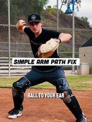 A post by @catchingmadesimple on TikTok caption: Should you bring the ball to your ear when you transfer? 🤔 Some say yes, straight to your ear. Others say stay flat. Both can work, but here’s the key…🔑 If your arm moves before your lower half rotates, you’re out of sequence which means less power and more stress on your shoulder🥴 That’s why I teach my catchers to get flat and then flip WHEN you rotate💯 Both are fine, but know WHY you're doing what you're doing🙌🏼 Understand the movement. Master the timing. Throw with more power. ⚡ #baseball #softball #catching