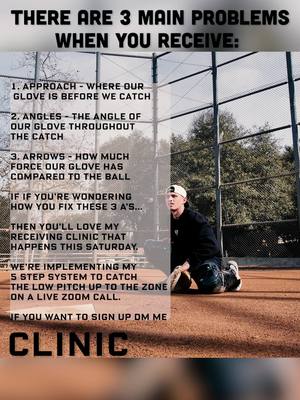 A post by @catchingmadesimple on TikTok caption: ⚾ The 3 Biggest Problems in Receiving: 1️⃣ Approach 2️⃣ Angles 3️⃣ Arrows (See the explanations above ⬆️) Struggle with any of these? You're not alone🥲 This Saturday, I’m hosting a LIVE Receiving Clinic on Zoom🖥️ I’ll teach my 5-step system to catch the low pitch up to the zone and MORE! Plus you get access to my Receiving Made Simple course as a bonus. All for only $37🙌🏼 DM me CLINIC to sign up💯 #baseball #softball #catchers