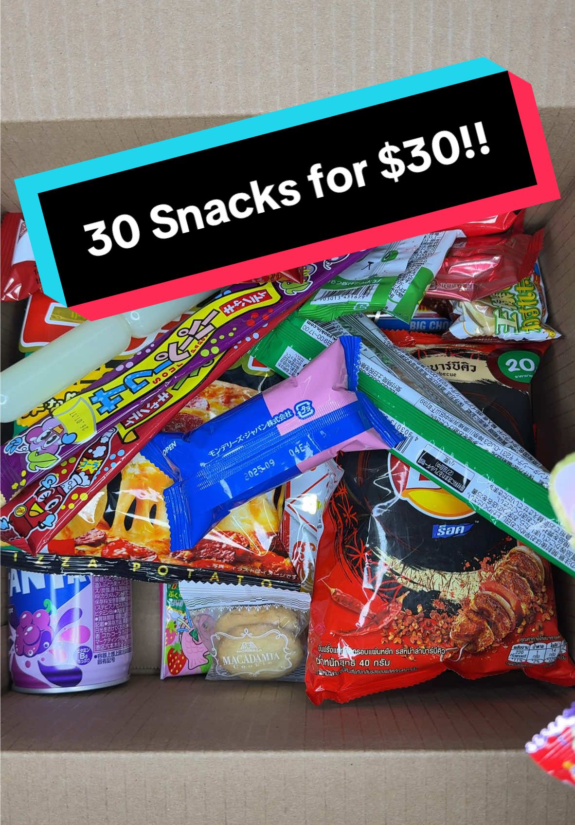 A post by @bussinsnacks on TikTok caption: Yes!! It’s Real !! 30 Exotic Snacks for $30 😱 #mysterybox #bussinsnacks #exoticsnacks #exoticsnackboxes #30for30 #foreignsnacks 