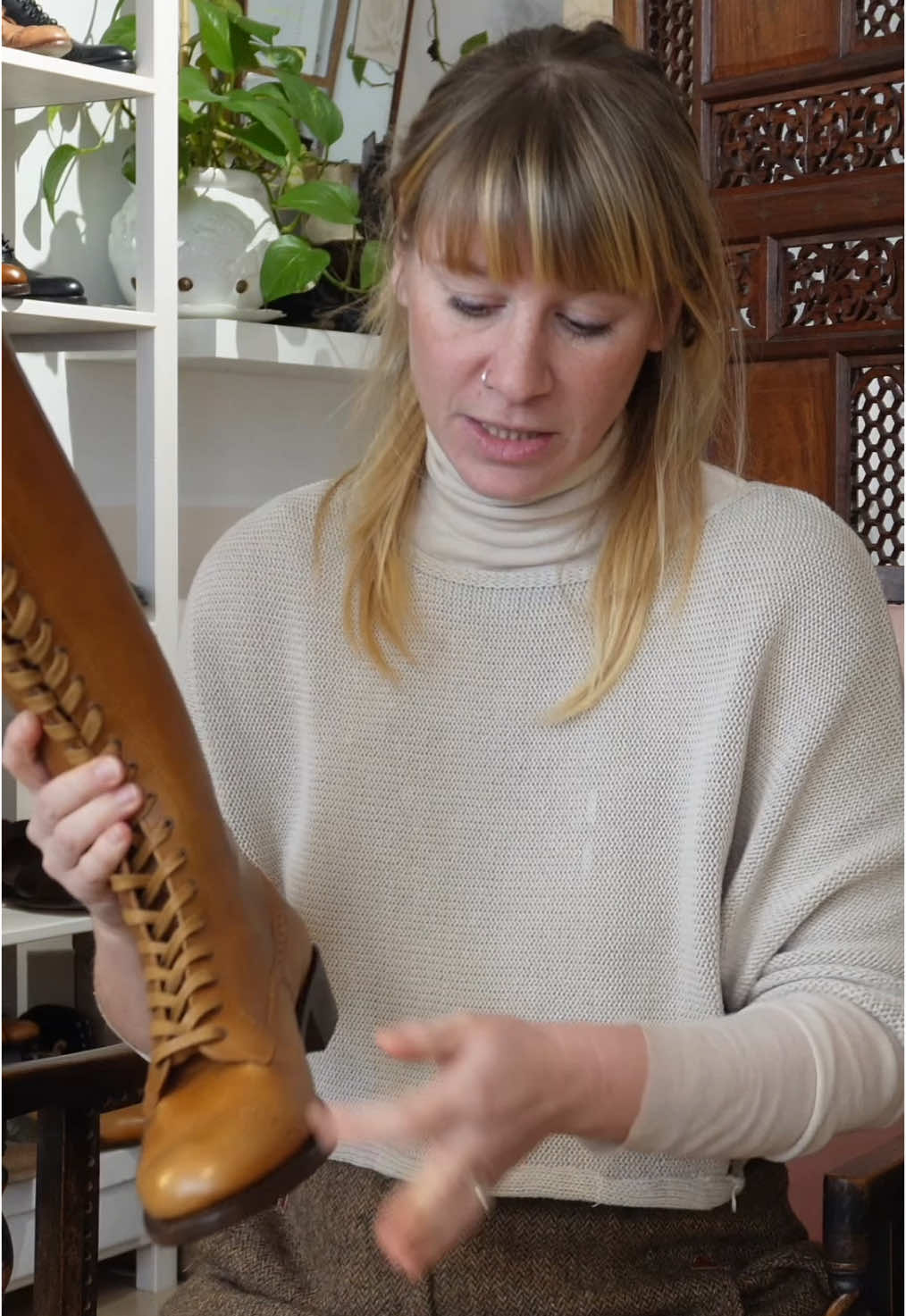 A post by @harrieeb on TikTok caption: Meet Jo Bear - a Historical Shoe Designer based in a small town in Portugal, Sines. She’s likely made shoes for some of your favourite stars, from Timothee Chalamet as Willy Wonka to the cast of “The Crown” - full video up on my YT Channel now! Link in my bio x #historicalfashion #victorianfashion #victorianshoes #reenactor #costumedesign 