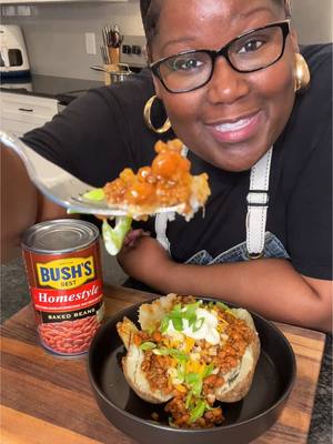 A post by @its_sogood on TikTok caption: #BushsBeansPartner Enjoying @Bush’s Beans Baked Beans all year round this year, starting with my Loaded Baked Bean Potato recipe. Try for yourself to start leveling up your Bush’s Baked Beans in unexpected ways, it’s so good!    Ingredients:                                                1-28oz can Bush's Homestyle Baked Beans 2 large baked potatoes 1 lb ground beef 1 pkt favorite taco seasoning 1 cup shredded cheddar cheese blend 3 ribs green diced green onion Sour cream to taste   Recipe: 1.) Wrap 2 large russet potatoes each in aluminum foil and bake at 400F degrees for 1 hour 2.) Cook ground beef over medium/high heat until fully cooked 3.) Drain excess oil using a paper towel if you choose 4.) Add and mix in 1 pkt of taco seasoning.  5.) Add and mix in can of Bush's Homestyle Baked Beans 6.) Reduce to simmer for 5 mins 7.) Split open baked  potato 8.) Add on baked beans/meat mixture, cheese, sour cream and green onion 9.) Enjoy!  