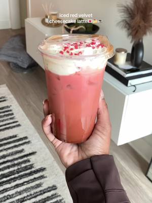 A post by @jaaliyahs on TikTok caption: The thick cold foam was SO good😍 #cheesecake #redvelvet #icedlatte #trending #fypシ #ValentinesDay #vday #coffeelover #homebarista 