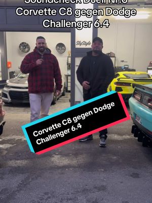 A post by @ayki_23 on TikTok caption: Ein sehr spannendes Duell 🇺🇸🤝 @slystyle_performance #fyp #corvettec8 #dodgechallenger #v8 #grail 