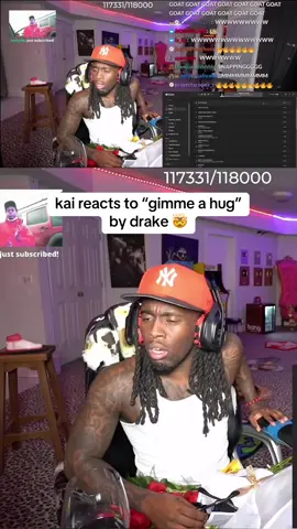 A post by @vrewls on TikTok caption: this is kai’s fav song so far 👀 | kai reacts to “gimme a hug” by drake #kaicenat #drake #foryou #fyp #viral 