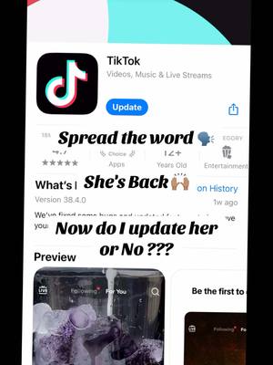 A post by @monicaelyse on TikTok caption: Tell a friend to tell a friend 🗣️SHE'S BACK 🗣️ Now do we update or NO ?? 😝 that's the question 🙋‍♀️ YW 🙌🏽 #tiktokappisback #tiktokapp #tiktokappisbackintheunitedstates #tellafriend #tagabestie #spreadtheword 
