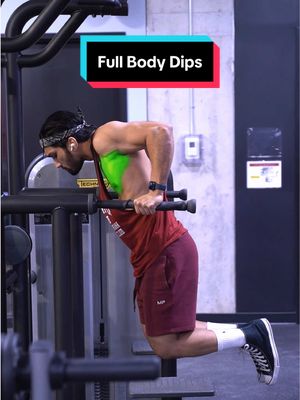 A post by @hazzytrainer on TikTok caption: Carve your Body with Full Body Dips ⚠️ . Here are the ONLY 2 Variations of Dips you want to be aware of. 🔥 When performing Dips with a Close Grip, and your Body Upright, this will emphasize your Triceps as there will be more bend at the elbows. ✅ However, when performing a Wider Grip, with a Slight Lean Forward, this will shift the emphasis to your Chest ✅ A Wider Grip will also cause you to train your Upper Back as you will be contracting this muscle as well. Save this for next time you Train Dips. 🔥 Keep crushing it saiyans 💪🏽 . #chest #dips #chestworkout