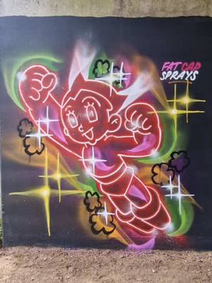 A post by @fatcapsprays on TikTok caption: Who can name this time traveler? #art #painting #spraypaint #graffiti #neon 