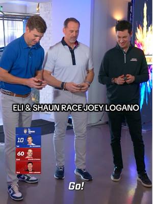 A post by @nygiants on TikTok caption: Eli & Shaun challenge @Joey Logano in a (𝘵𝘰𝘺) car race 🏁😅 #nascar #joeylogano #elimanning #daytona500 