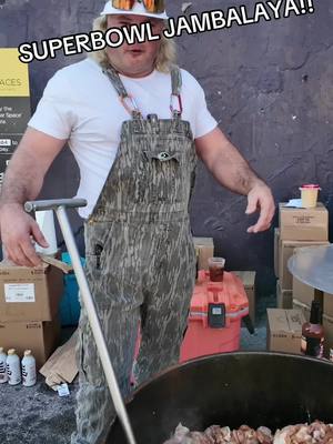 A post by @stalekracker on TikTok caption: So much fun throwing down a good ol jambalaya with my good friends at Pernod Ricard!! Glad to have been in Nola repping the great state of Louisiana. Check out the bloody mary mix @thecajuntwostep.com #nola #SuperBowl #cajun #nolafood #lousianafood 