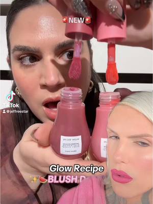 A post by @jeffreestar on TikTok caption: Are the viral @Glow Recipe dewy flush blush drops Jeffree Star Approved?!!🧐 #makeupreview #jeffreestar #glowrecipe #sephora #blush #BeautyTok #makeup #fyp #duet w @Makeup2themaxx 