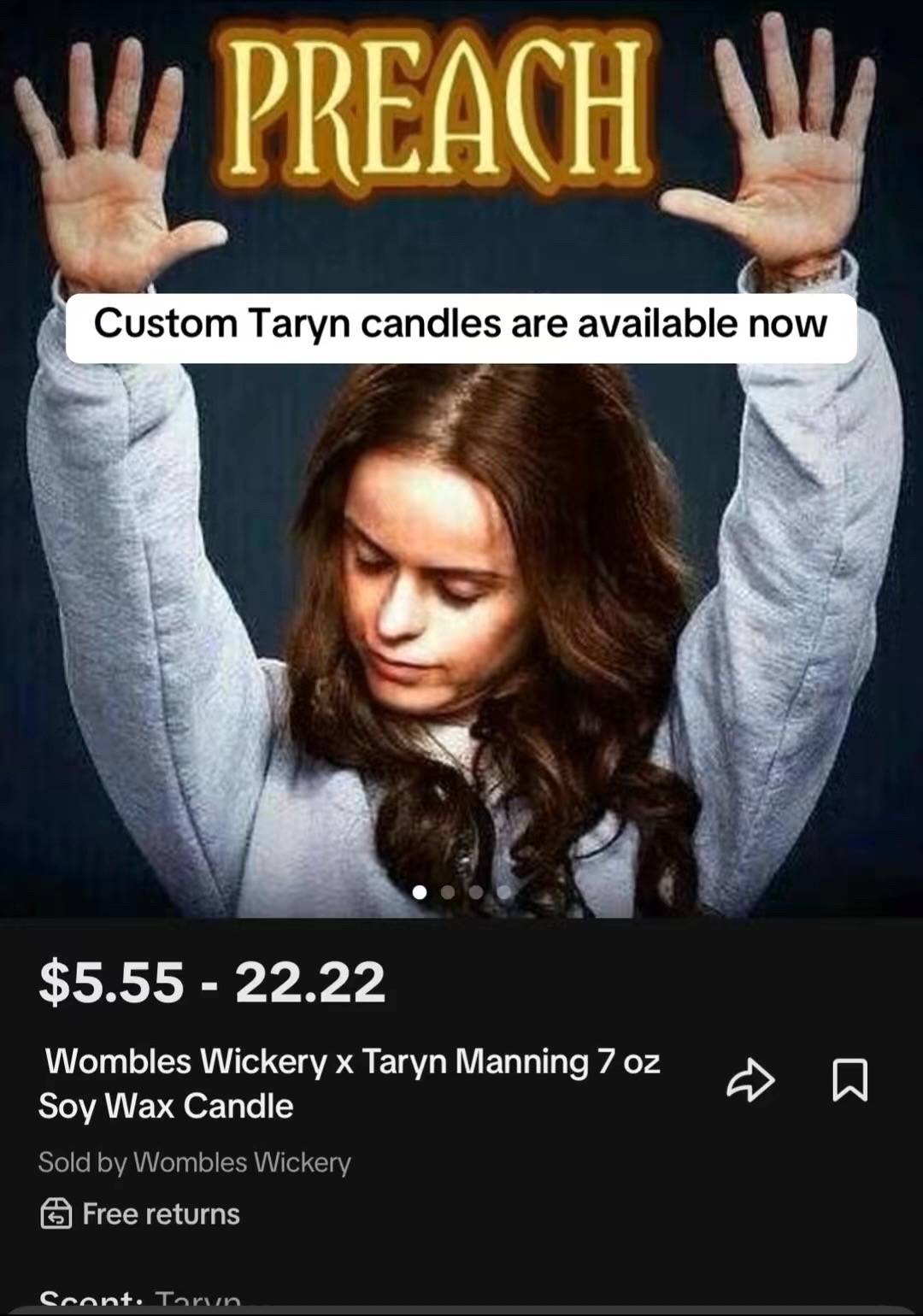 A post by @taryngailmanning on TikTok caption: Grab your Taryn Manning custom candle in the TikTok shop. Head over to @WomblesWickery now #tarynmanning #fyp #foryoupage #candles #scentedcandle 