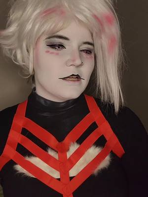 A post by @foxboi_cos on TikTok caption: @Solis☀️ he/him 🍉 👀👀👀👀 #AngelDust #AngelDustCosplay #Angel #HazbinHotel #HazbinHotelCosplayer #AdultCosplayer #FTMTrans #Genderfluid 