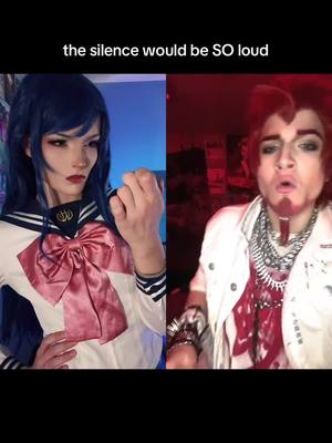 A post by @peachyfizz on TikTok caption: #duet with @michael go girl give us nothing i KNOWW but i just HAD to duet you somehow bc your leon is INSANE #sayakamaizono #danganronpa #danganronpacosplay 