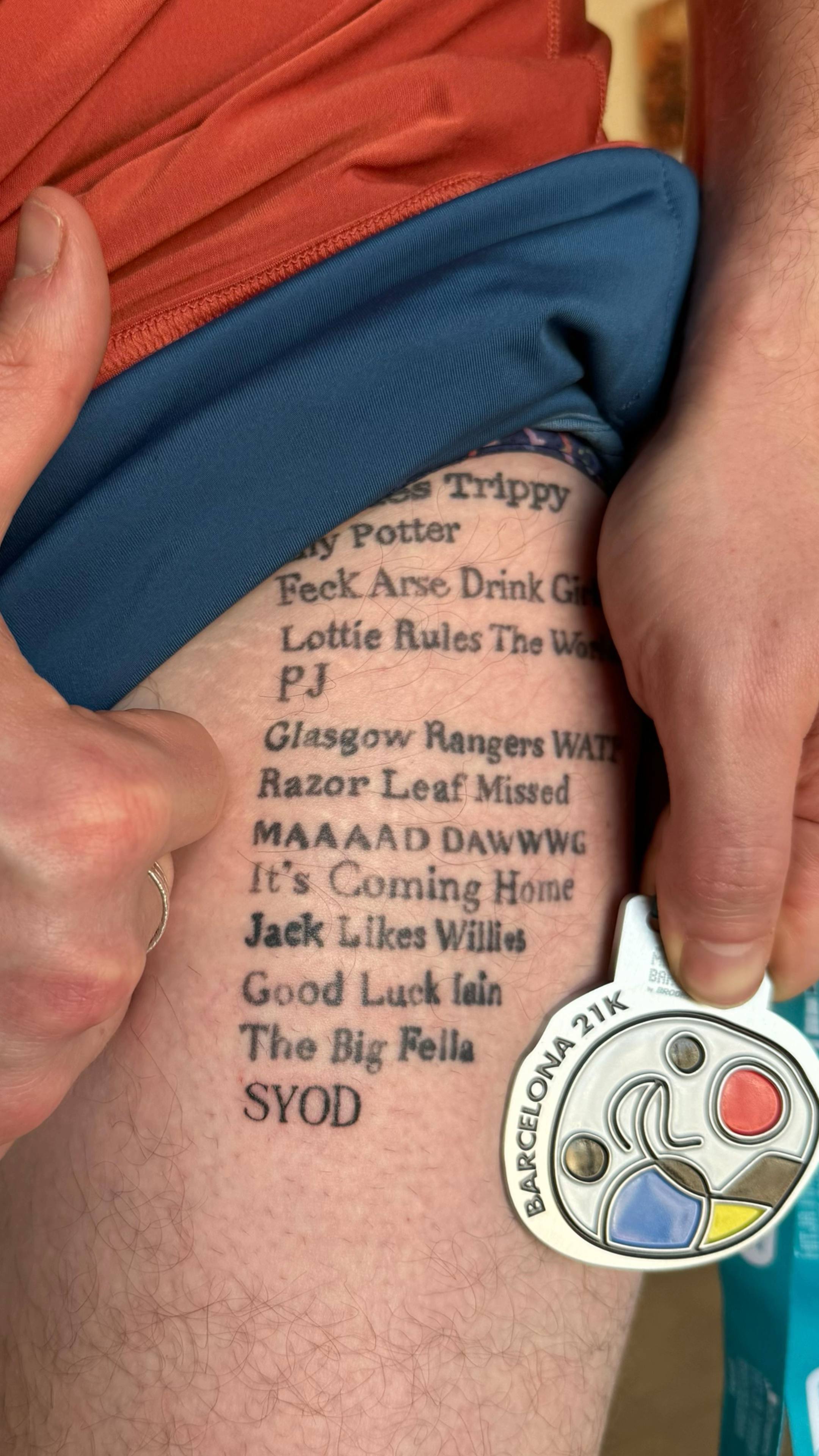 A post by @thekingofchemo on TikTok caption: Normally I’d announce the winner for Tattoo Tumour Tuesdays on a Sunday so we have plenty of time to announce the winner, and then get in contact with them, asap so they can decide what they want inked on my body by @Hannah @Wolfesstattoos🧚🏻‍♀️✨ forever , but unfortunately the Barcelona Half marathon has made that a bit tricky. So at tomorrow Monday 17th at 9pm I’ll be doing the raffle and announcing the winner.  If you’ve no clue what I’m talking about, you can tattoo anything at all on me for £5.  Donate £5 to the GoFundMe in my bio. Every 5er acts like 1 ticket or 1 token etc, so if you donate £25 you’ll get 5 tickets. So anyone can win, but donating more increases the chances. There have been 16 winners so far.  TO BE CLEAR the GoFundMe does not go directly to charity, it’s to pay for things like flights to Chicago to do the marathon there, or running a half marathon in all 32 counties of Ireland and having a cameraman video all that. But doing stuff like that helps the channel grow and attract more sponsors, who donate directly to charity. And it definitely has been working. You gotta spend money to make money. #barcalonahalf #marathon #tattoo #worldrecord #charitytattoo #tattooanything #charityrun 