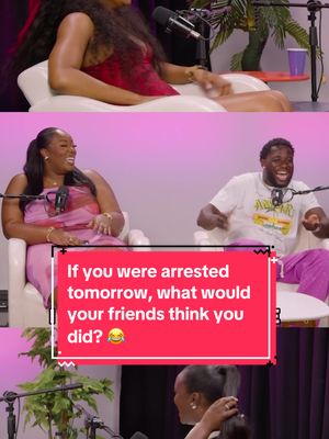 A post by @btspod_ on TikTok caption: If you were arrested tomorrow, what would your friends think you did? 😂 Episode 238 ft @MosesLdn  #theuncutpodcast #mosesldn #airport #fyp #podcastclips #travelling #dilemma #podcast 