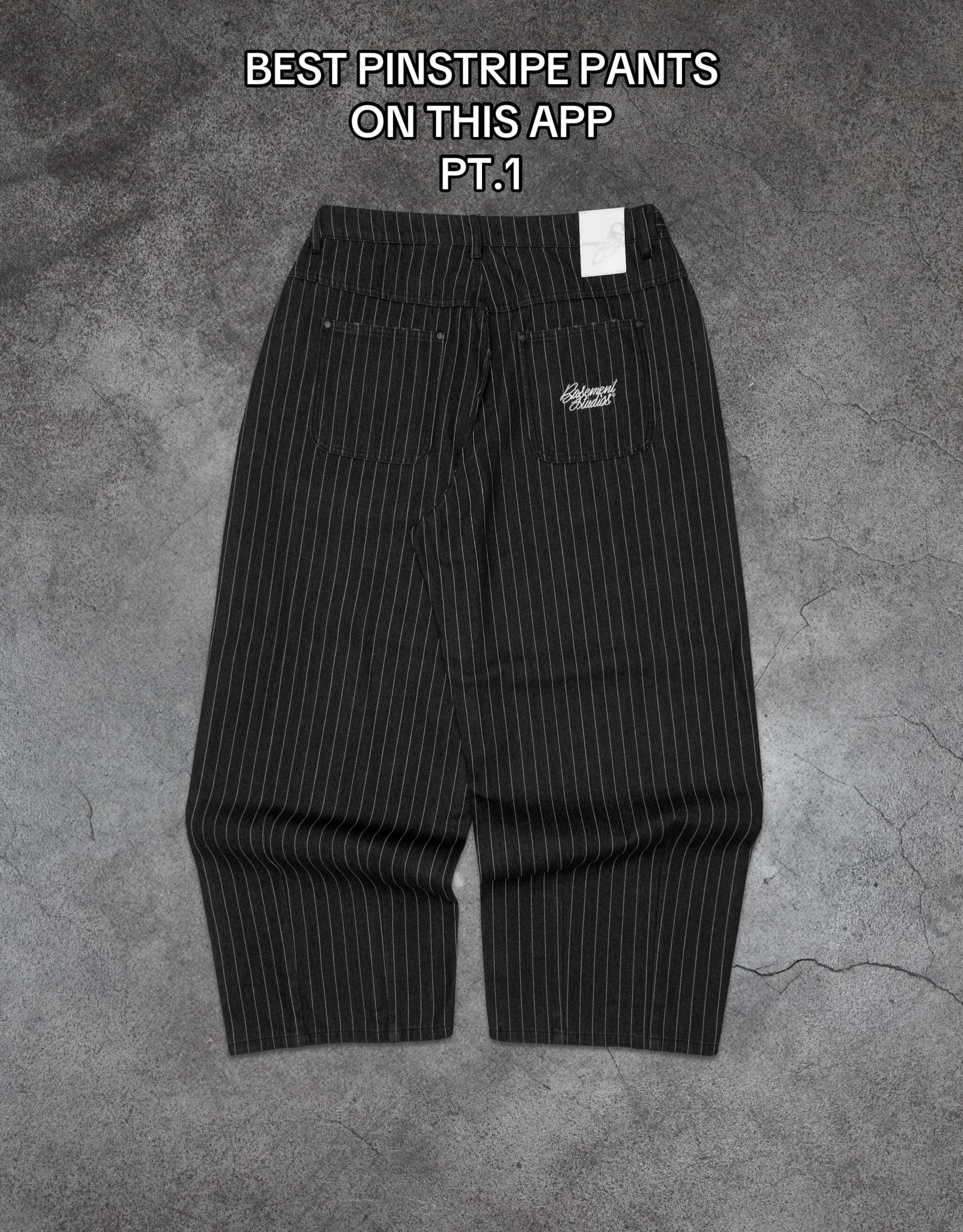 A post by @basementlosangeles on TikTok caption: #pinstripe #baggypants #pleated #streetwear #fyp 