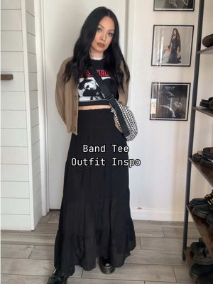 A post by @thefashionmess on TikTok caption: I will always love styling band tees!Hair up or hair down with this look? 🤎🖤⛓️#outfitinspo #bandtees #howtostylebandtees 