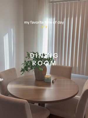 A post by @homewithhellen on TikTok caption: Golden hour peaking into my dining room ✨ Shop my dining set, linked in bio. #diningroom #rounddiningtable #homedecor #neutraldecor #neutralhome #minimalist #interiordesign #cozyhome #cozyathome #latina #latinacontentcreator 