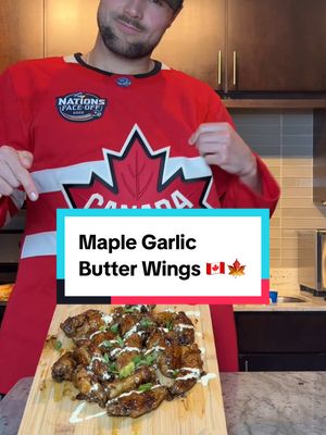 A post by @austinfriesen98 on TikTok caption: These Canadian Inspired Wings Are Perfect To Make For The Big USA vs Canada Game 🇨🇦 Full Recipe In Caption Below ⬇️  Wing seasonings: 1 Tablespoon of salt, 1 Tablespoon Of Pepper, 1 Tablepsoon Of Garlic Powder, 1 Tablespoon Of Avocado Oil, 1 Tablespoon Of Baking Powder  Wing Sauce: 3/4 Of Maple Root Beer (Can Sub 3 Tablspoon Of Maple syrup, 1/4 Cup of Water), 6 cloves crushed Garlic, One Tablespoon Of Salt, Half A Tablespoon Of Pepper, Half Tablespoon Of Crushed Red Pepper, Half Tablespoon Of Hot Sauce(can add more if you like spice) 1 Tablespoon Of Garlic Powder, Cook on low eat until sauce consistency Bake at 425 for 15 minutes, flip half way through, bake for another 15, Then broil for remaining 5 min Top with your favorite white sauce and garnishes  Enjoy! 