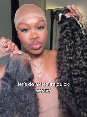 A post by @ebonyrosaa on TikTok caption: please don’t judge my foundation yall I didn’t have any black caps & I left my thread & black strips at my suite 😭💔 @subellahairwigs 4*4 lace closure 3 and 26” deep wave bundles  #subellahair #deepwavebundles #quickweave #closureinstall 