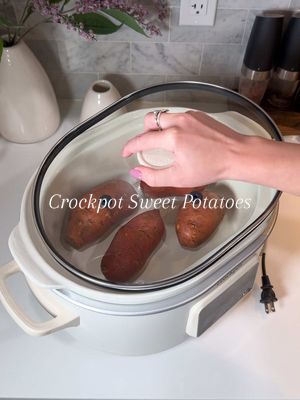 A post by @kellie_atkinson on TikTok caption: Crockpot sweet potatoes 😍 Just wash the potatoes and cook on high for 4 hours or low for 8 hours Perfect for meal prep 😌 #crockpot #sweetpotato #slowcooker #mealprep #mealprepideas #EasyRecipe #weeknightdinner 