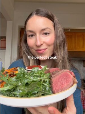 A post by @glowwithella on TikTok caption: The Perfect Steak (& clean air) 🥩🌬️  A good sear on a steak always comes with a side of poor air quality — but no need to sacrifice when I have a @Shark Home NeverChange air purifier in my kitchen. Why I love it: - It’s Compact + Quiet - The LED screen shows the air quality at all times - The filter lasts up to 5 years without having to be replaced #SponsoredbyShark #SharkNeverChange How I cook my steak —  Ingredients - 1 cut of steak (filet mignon usually will be a shorter cook in the oven. each cut differs a bit so I recommend a meat thermometer) - 1 tbsp beef tallow - 1-2 tbsp butter - Rosemary - Salt & pepper  Recipe: 1. Take steak out of the fridge 30 minutes to an hour prior to cooking  2. Preheat oven to 400 degrees F with cast iron inside  3. Once oven is preheated, take out cast iron and heat up over medium heat  4. Season steak with salt and pepper on both sides 5. Let beef tallow melt in pan 6. Once hot, add steak onto pan to sear, about 2-3 minutes on each side 7. Once one side is done and flipped, add butter or ghee into pan with rosemary and base steak  8. Transfer to the oven to finish cooking — (anywhere from 4-10 minutes depending on how you like your steak, I prefer medium rare or an internal temperature of 130 degrees F)  9. Remove from oven and place on a plate or cutting board to rest for at least 10 minutes  10. Once steak has rested, cut into strips 11. Serve with potatoes, arugula Salad or as is, cheers!!! 