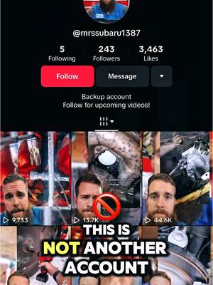 A post by @mrsubaru1387 on TikTok caption: Hey TikTok, how about doing something about these #impersonator accounts. Beyond annoying. #MrSubaru1387 #fakeaccounts #mechanicsoftiktok #tooltok #Tools 