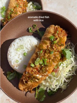 A post by @zoebarriesode on TikTok caption: meal 1 of the new menu! 6 spice tilapia with ginger scallion sauce! 😃 #dinner #cooking #recipes 