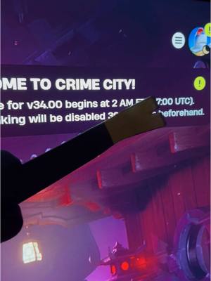 A post by @fortnite on TikTok caption: Crime City awaits — downtime is just around the corner 