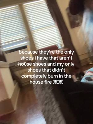 A post by @khalietheflowergirl on TikTok caption: i thought this was funny (coping) #fyp #housefire #coping #joke #burnt #shoes #trauma #viral 