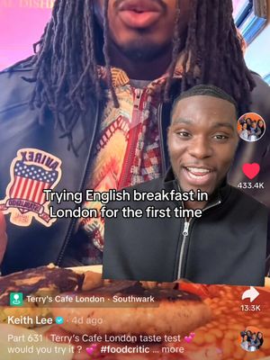 A post by @tyshonlawrence on TikTok caption: Trying English breakfast for the first time in London!! Ib @Keith Lee 