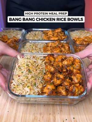 A post by @jalalsamfit on TikTok caption: High Protein Bang Bang Chicken Rice Bowls🍗🍚🔥 Pure indulgence in every bite - taking chicken and rice to the next level! Macros Per Serving (5 Total) 595 Calories | 46g Protein | 51g Carbs | 22g Fat Ingredients (5 Servings) Chicken Marinade - 1000g Boneless Skinless Chicken Thighs, cut into cubes - 1.5 Tsp Salt - 2 Tsp Black Pepper - 2.5 Tsp Garlic Powder - 2.5 Tsp Onion Powder - 2 Tsp Smoked Paprika - 2 Tsp Ginger Powder - 3 Tsp Olive Oil Low Calorie Bang Bang Sauce - 100g Light Mayo - 60g Fat Free Yogurt - 50g Reduced Sugar Sweet Chilli Sauce  - 50g Sriracha - 20g Rice Vinegar - 1 Tbsp Fresh Parsley, chopped 1. Spread light layer of bang bang sauce on the chicken before cooking 2. Oven Bake or Air Fry 22-25mins at 200C/400F till crispy & golden 3. Spread extra sauce layer once cooked! Lemon Garlic Herb Coconut Rice - 260g Uncooked White Rice (use cooked or leftover cooked rice) - 20g Reduced Fat Butter - 35g Garlic Cloves, finely chopped - 170g White Onion, finely chopped - Extra Seasoning: 1 Tsp Salt, Oregano, Parsley, Chilli Flakes - 35g Shredded/Desiccated Coconut - 2 Tsp Lemon Zest - 1/2 Lemon Juice 1. Cook onion & garlic for 5-6 mins till fragrant 2. After adding spices & coconut, mix and cook further 2-3 mins 3. After adding cooked rice, mix till well combined & fluffy Serve & Enjoy! Don’t forget to check out my Digital Cookbooks with over 225+ Delicious High Protein Recipes!👨‍🍳❤️ . . . . #bangbangchicken #chickenrecipes #chickenrice #chicken #coconutrice #highprotein #mealprep #weightloss #lowcalorie #healthyrecipes #EasyRecipes #mealprepideas #fitness #jalalsamfit 