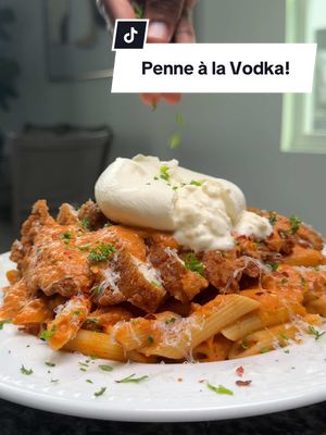 A post by @chefkeysh on TikTok caption: Crispy Chicken Penne à la Vodka! Burrata sold separately #chefkeysh