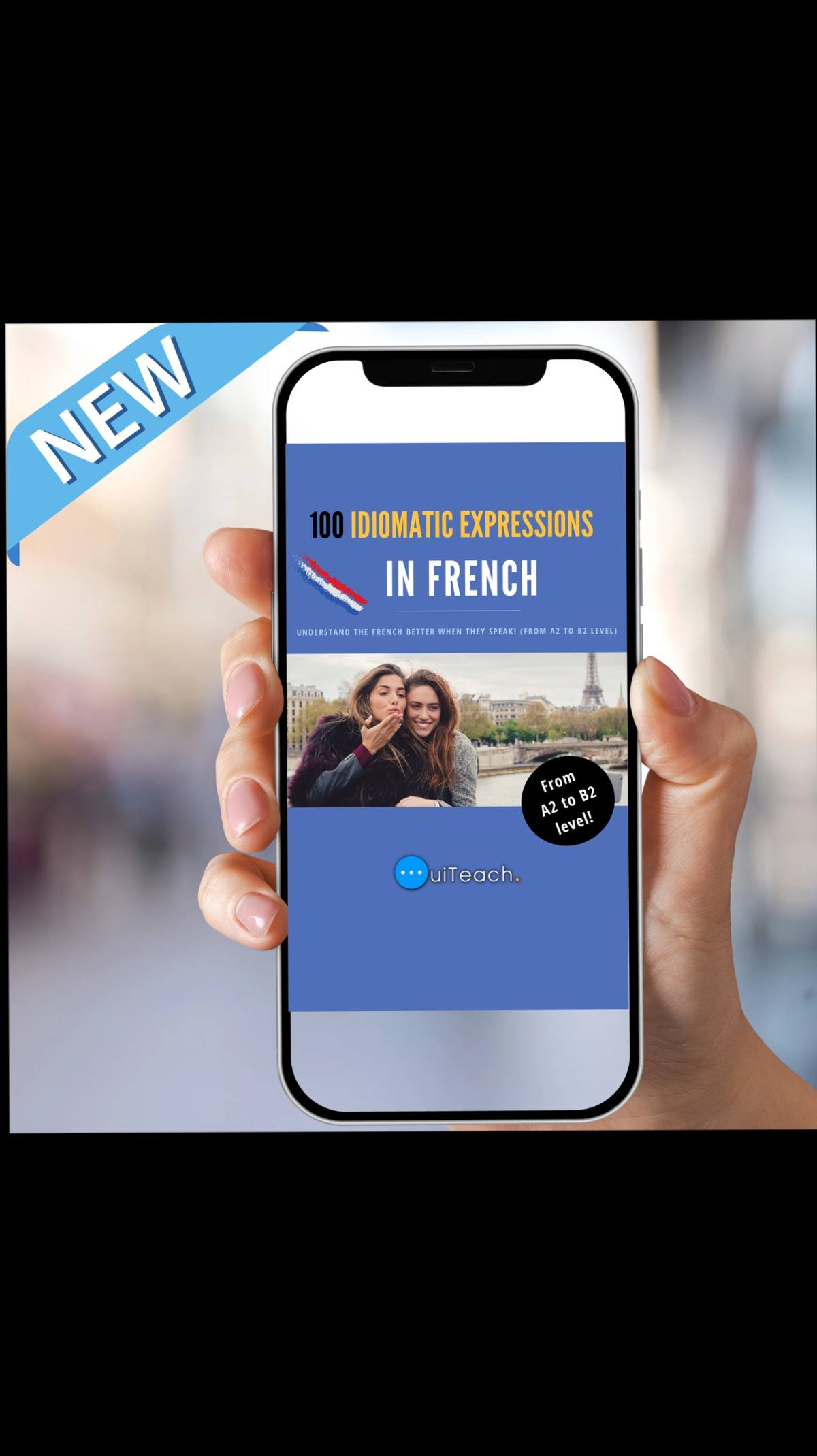 A post by @ouiteach on TikTok caption: MASTER 💯 Idiomatic Expressions in French 🔗 Link in the Bio 😃