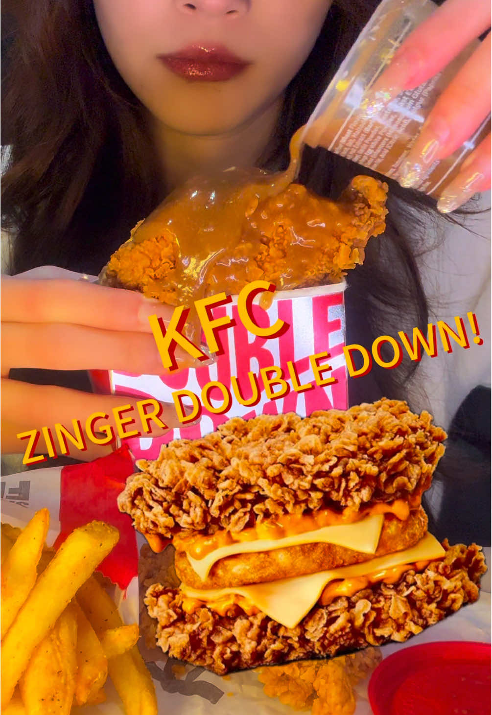 A post by @uu41world59 on TikTok caption: Taste soooooo gooood #kfc #zingerdoubledown #eatingshow #asmr #mukbang #eatingsounds #fyp #foodie 