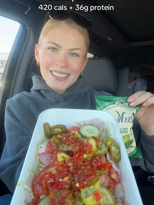 A post by @smallersam_pcos on TikTok caption: Jersey Mike’s Order🥙 -255lbs.  (420 cals + 36g protein)  Here’s how to order:  - The Italian as a BOWL with NO OIL, NO MAYO, add pickles, jalapeños, banana peppers, and hot relish.  - Ms. Vikkie’s spicy dill pickle chips add 200 cals  #fastfood #order #caloriedeficit #protein #sub #sandwich #salad #chips #oil #mayo #beforeandafter #real #healthy #balance #EasyRecipe #mealprep #lunch #hack #pcos #italian 