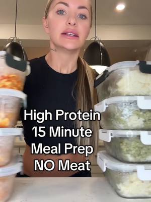 A post by @trainwithshay on TikTok caption: 15 minute high protein meal prep ft @Thrive Market so I can grocery shop with ease #thrivemarketpartner breakfast: 1 flapjack cup (260 cals, 12P, 39C, 7F) 1 scoop protein (150 cals, 25P, 9C, 3F) *if you need more protein do 1.5-2 scoops of protein powder and a little more oat milk  8 ounces oat milk (100 cals, 3P, 17C, 2F) *if you need less cals use a 30 calorie unsweetened almond milk a cup of blueberries (120 cals, 0P, 28C, 0F) lunch: 1/2 box kaizen (260 cals, 40g protein, 42C (30g fiber so technically 12C), 7F) 1/4 jar sauce (105 cals, 1.5P, 7.5C, 6F) dinner: 1 bag jasmine rice (450 cals, 9P, 92C, 6F) *if you need less cals do 1/2 bag jasmine rice) 1 bag broccoli (70 cals, 5P, 15C, 0F) 4 ounces beyond meat (230 cals, 21P, 8C, 14F) snack: 3 dream pop bites: (100 cals, 1P, 7C, 6F) Grocery list: 4 Kodiak flapjack cups 1 bag frozen blueberries 1 32 ounce carton Elmhurst oat milk 2 boxes Kaizen pasta 1 jar Thrive Market roasted garlic pasta sauce 4 bags Tasty Bite jasmine rice 4 bags Thrive riced broccoli 1 16 ounce package Beyond meat 1 container Dream Pops chocolate covered birthday cake frozen bites