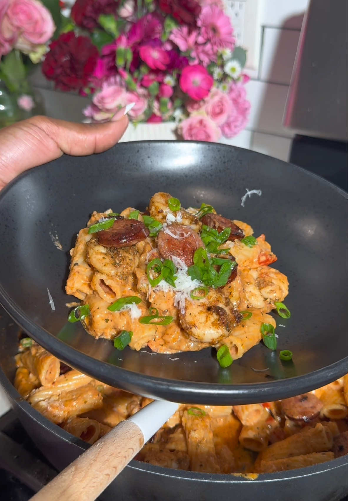 A post by @jordanramsy on TikTok caption: jambalaya pasta 🍝 ✨…. also everyone my birthday is 2/26!!! 😛🩷