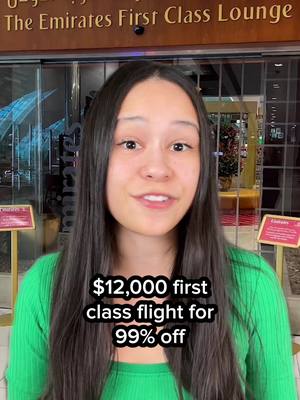 A post by @erikakullberg on TikTok caption: How I got a $12K first-class ticket for 99.1% off 🤯 #travelhacks #luxurytravel #moneysmart