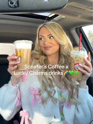 A post by @emilyyyroses on TikTok caption: Trying the magical new Lucky Charms drinks at Scooter’s!✨🌈🍀 @Scooter’s Coffee @Lucky Charms #scooterscoffeepartner #springdrinks #scootonaround 